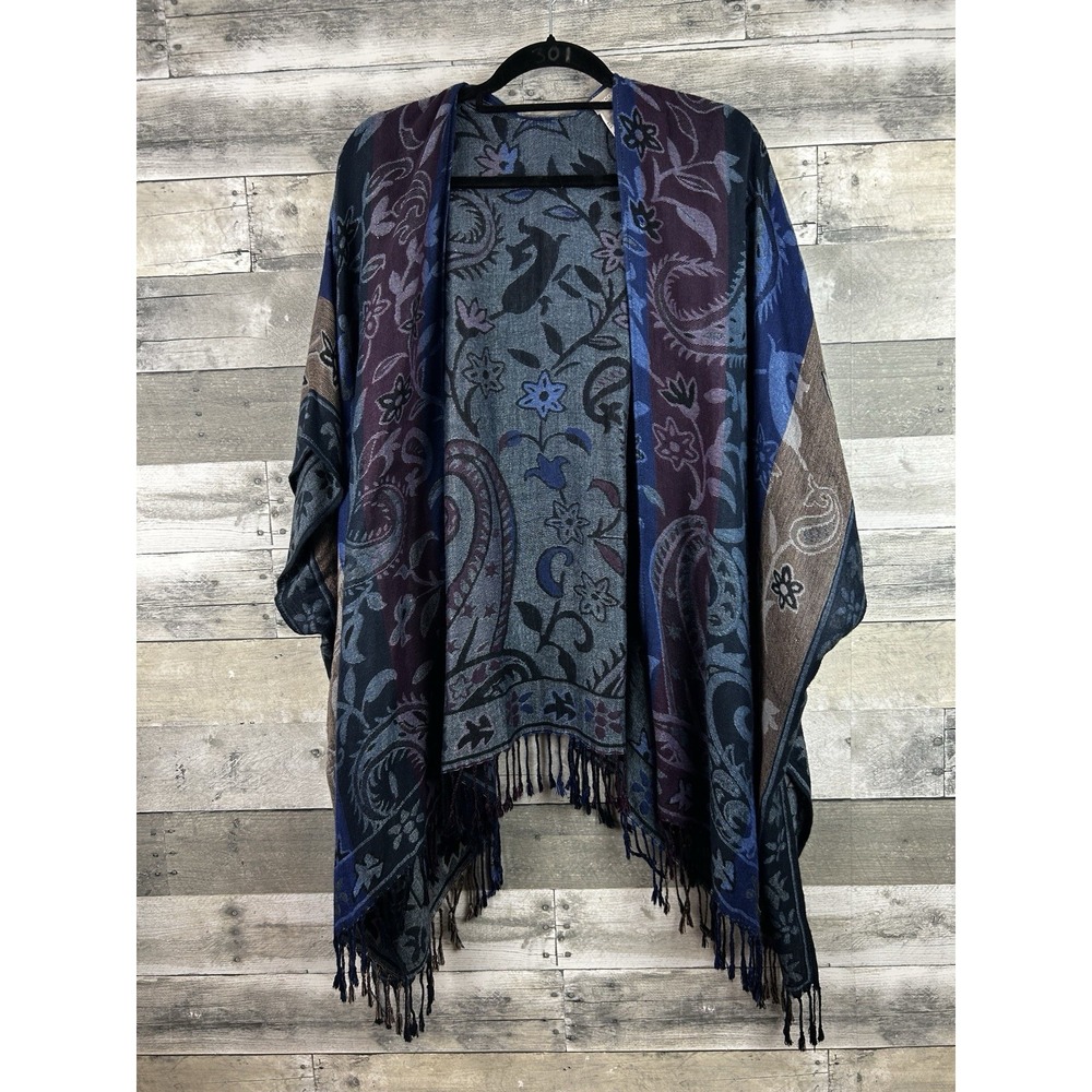 Chico's Blue Floral Jacquard Kimono Wrap Poncho One Size Fringed Hem